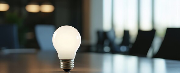 Poster - Glowing light bulb on wooden table in a meeting room, soft bokeh background.