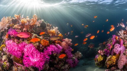 Aufkleber - Vibrant coral reef teeming with fish under bright sunlight.