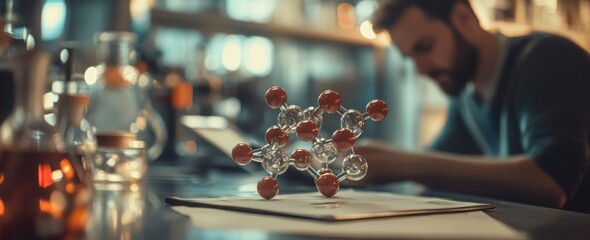 Poster - Focused scientist views molecular model, lab setup, and labware on table.
