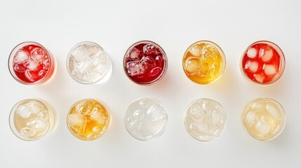 Poster - Ten colorful drinks with ice, viewed from above on a white surface.