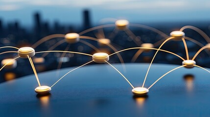 Poster - Concept showcases interconnected digital networks with a city skyline glowing in blue hues during the night, highlighting urban connectivity