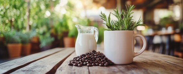 Poster - Milk, beans, mug plant on wood table with blurred background.