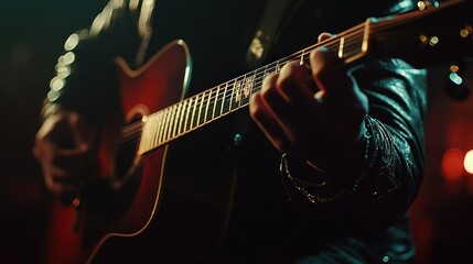 Poster - Close up, person playing acoustic guitar with dark background.