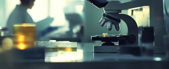 Aufkleber - Microscope with sample, petri dishes, scientist in lab.