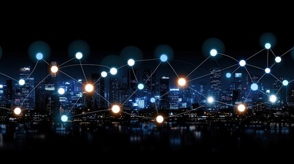 Poster - Concept showcases interconnected digital networks with a city skyline glowing in blue hues during the night, highlighting urban connectivity