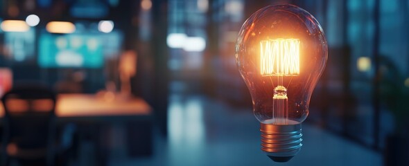 Poster - Illuminated filament bulb in office with soft focus background.