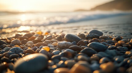 Poster - Pebbles on beach with sunrise, sea and mountains in background.