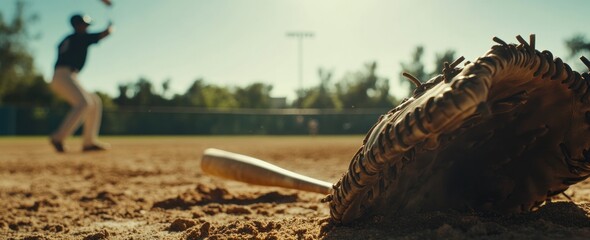 Poster - Baseball glove and bat on field, player in background.