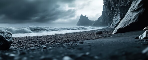 Aufkleber - Dramatic beach scene with rough sea and dark sky.