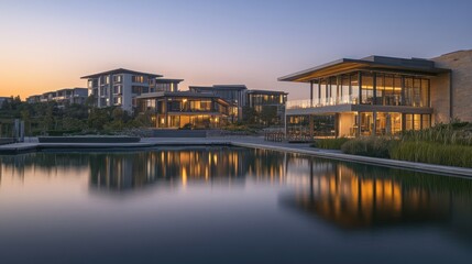 Aufkleber - Modern homes glow at dusk, reflecting in a calm pool.