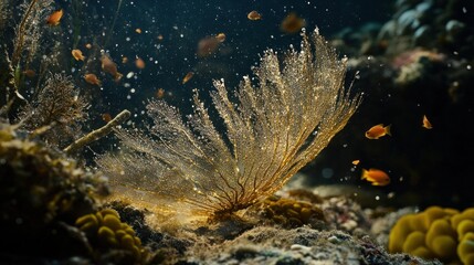 Aufkleber - Underwater coral with small fish, detailed view, sunny day.