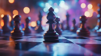 Poster - Chess piece on checkered board with bokeh background.
