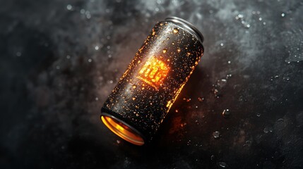 Poster - Glowing can with condensation on a dark surface.