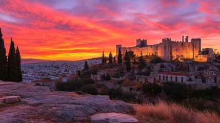 Poster - Ancient fortress at sunset sky, hilltop setting.