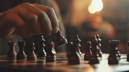 Poster - Hand moves a pawn piece on chess board; strategy game in focus.
