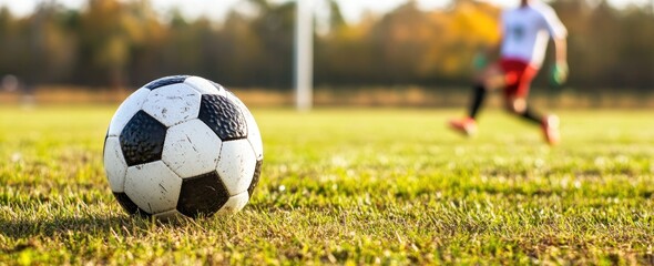Poster - Soccer ball on grass with blurred player.