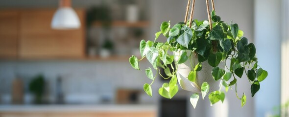 Aufkleber - Hanging green potted plant with kitchen background.