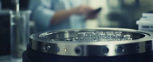 Aufkleber - Lab vials in centrifuge with blurred person.