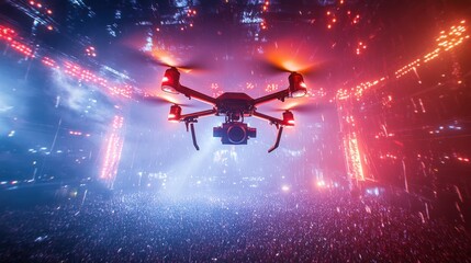 Poster - Drone flies over crowd with colorful lights and motion blur.