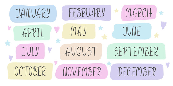 Simple month lettering in hand drawn doodle style. Modern Playful handwritten months of the year. Elements for calendar, planner, posters bullet journal, scrapbooking Kids Design