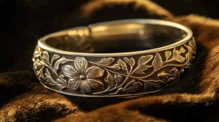 Wall Mural - Intricate Silver Bracelet with Floral Design and Textured Surface
