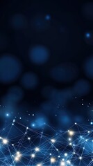 Poster - Futuristic cityscape features illuminated data transfer lines on a blue background, representing modern digital communication and connectivity