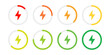 © Chelpanoff - Circle battery charging indicators with lightning symbol icon set. Charge level round diagram infographic vector illustration. Battery capacity progress bar symbol. Circular accumulator power sign.