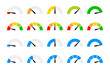© Chelpanoff - Speedometer icon set. Performance level dial bar vector illustration. Power level measure symbol. Infographic dashboard chart with arrow sign. High, medium and low risk control panel. Progress scale.