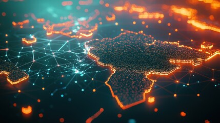 Poster - Futuristic Glowing Trade Routes Map with Network Connections and Geographical Features