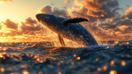 Wall Mural - A blue whale breaching out of the ocean with water splashing around, under a vibrant sky.