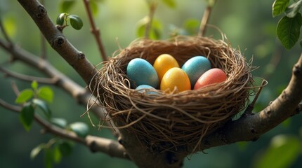 bird's nest nestled in a tree branch, filled with colorful eggs