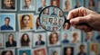 © NoblePix - A hand holding a magnifying glass carefully examines several personal portraits on the wall, representing careful scrutiny or selection. Diversity