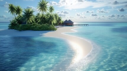 Wall Mural - Sunlight reflecting on turquoise waters surrounding a small tropical island, featuring palm trees, a white sand beach, a charming bungalow, and a wooden pier inviting relaxation