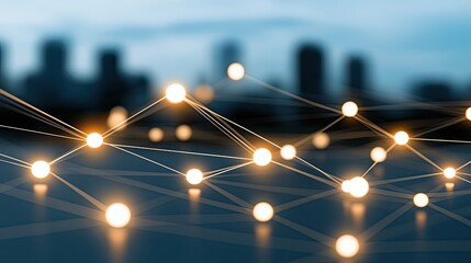 Poster - Smart city concepts come to life at sunset, showcasing network connections and digital data flow across the urban landscape