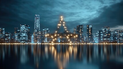 Poster - Smart city concepts come to life at sunset, showcasing network connections and digital data flow across the urban landscape