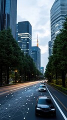 Poster - Smart city concepts come to life at sunset, showcasing network connections and digital data flow across the urban landscape