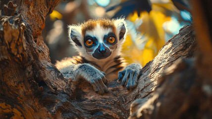 Wall Mural - A curious lemur climbing a twisted tree branch in Madagascar, with colorful birds flying in the background.