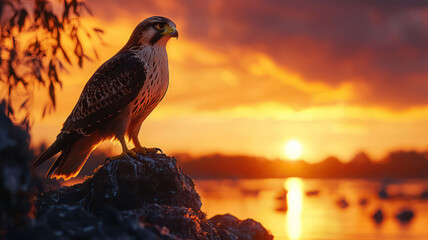 Wall Mural - A falcon perched on a rocky cliff at sunset, its sharp eyes watching the world below as the vibrant orange and pink sky creates a stunning backdrop to its powerful silhouette.