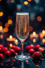 Wall Mural - Sparkling beverage in a flute glass with strawberries and candlelight ambiance