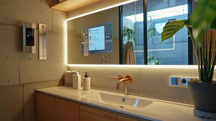 Aufkleber - This spacious bathroom includes a sleek vanity with a high-tech, user-friendly mirror.