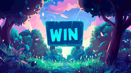 Win game screen. Successful completed gaming level in casual rpg or arcade videogame, video console platform victory computer display cartoon forest landscape vector illustration