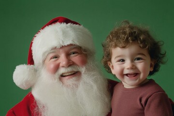 Wall Mural - Joyful xmas, attractive toddler boy! copy space. Isolated white toddler boy in festive knee on green background. Santa and christmas design. Green santa claus theme photo. Santa lap child.