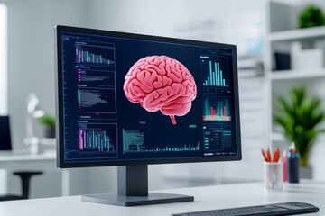 Poster - a conceptual stock photo showing a double exposure of a desktop with a computer and a brain drawing 