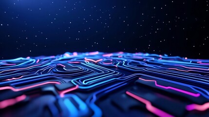 Poster - Luminous blue and orange circuitry, symbolizing digital connections and advanced technology in a cosmic backdrop.
