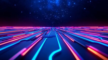 Poster - Radiant circuitry in shades of blue and orange, depicting digital networks and futuristic tech against a cosmic scene.