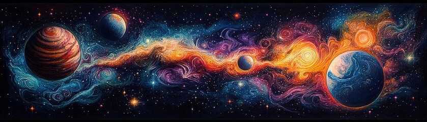 Wall Mural - cosmic exploration of planets and stars in the universe digital art deep space vibrant colors