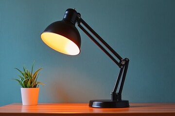 Wall Mural - Stylish black desk lamp illuminating a cozy workspace with a green plant nearby