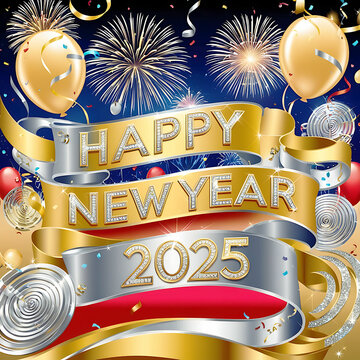 Happy New Year 2025 - Festive Fireworks Background Greeting Card Banner, happy new year photo, happy new year vactor.