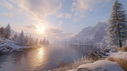 Wall Mural - snowy mountains reflect in a lake at sunset.