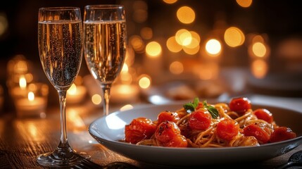 Poster - Dinner setting with sparkling drinks and gourmet meal during golden hour at outdoor table